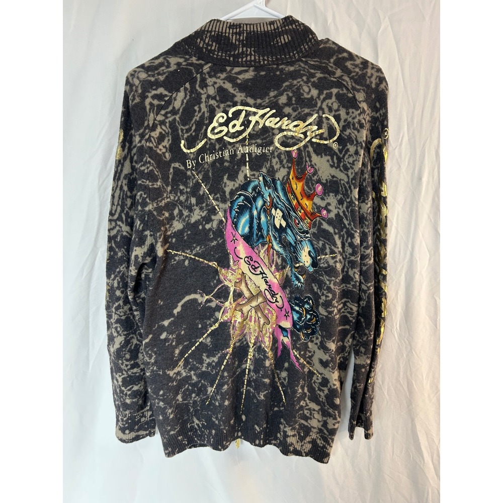 Ed Hardy Christian Audigier Mens XL Y2K Wool Zip Sweater Acid Wash Panther VTG